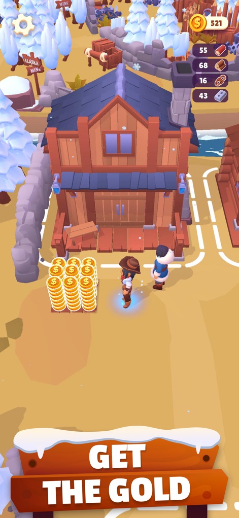 Gold Rush: Frozen Adventures - Discover the fully established house representing progress and the satisfying sight of numerous gold coin stacks ready for collection.
