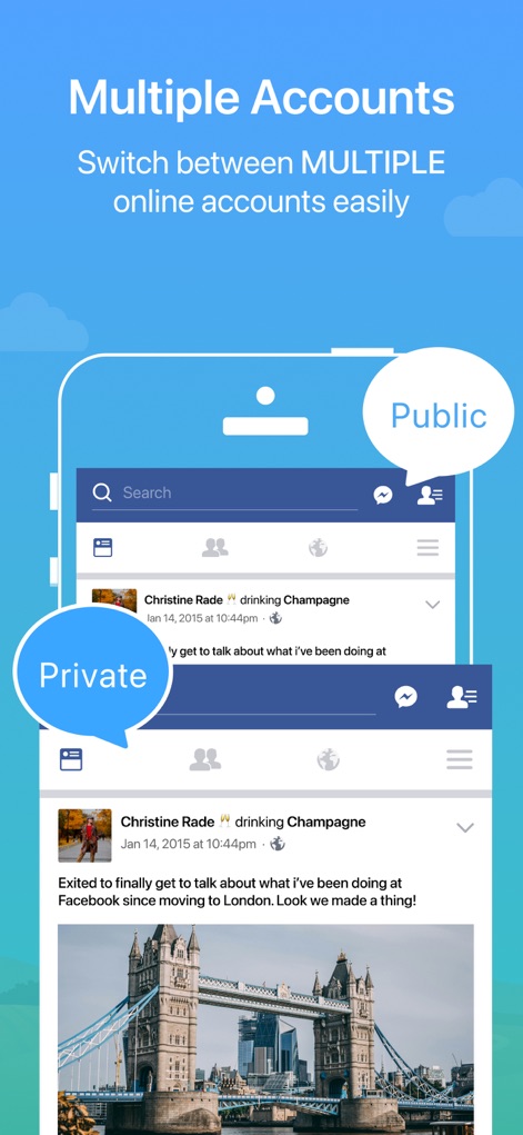 Parallel Space ~ App Cloning - Observe the intuitive interface with 'Public' and 'Private' labels, demonstrating how users can effortlessly toggle between distinct social media profiles within the same app.