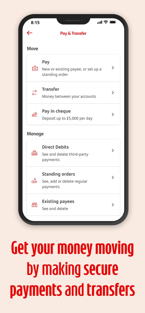 Santander Mobile Banking - Facilitate swift financial movements through dedicated sections for paying new recipients or transferring between accounts, and efficiently manage recurring direct debits.