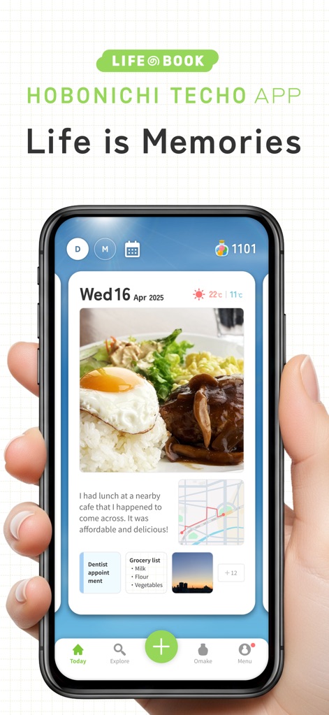 Hobonichi Techo App - La interfaz principal presenta una entrada diaria con una fotografía de comida y un resumen textual del día, junto a un mapa de la actividad y la fecha visible.
