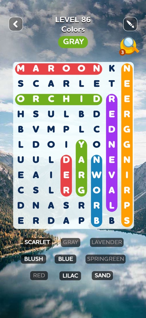 Word Search Quest Puzzles - L'interface offre une immersion visuelle avec des arrière-plans de montagnes et lacs changeants, mettant en scène des grilles de mots où les termes sont clairement affichés et en attente de découverte.