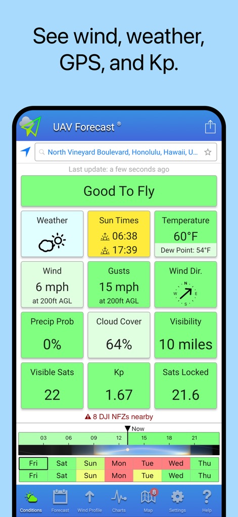 UAV Forecast - 이 앱은 'Good To Fly' 상태와 함께 200피트 고도에서의 풍속, 그리고 Kp 지수와 같은 핵심 비행 데이터를 명확하게 표시합니다.