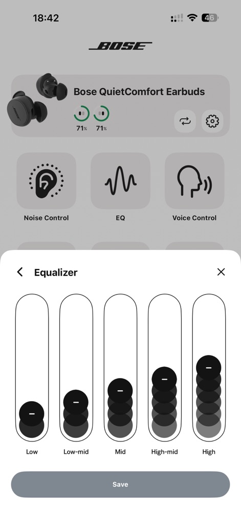 Bose QC Earbuds - Fine-tune your sound experience with the five-band adjustable equalizer, providing granular control over frequencies from Low to High.