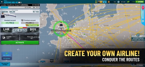 Airline Commander: Flight Game - This screen reveals the comprehensive global route network, allowing users to strategically plan flights between major hubs like London Heathrow and Milan, factoring in real-time weather conditions and contract details.
