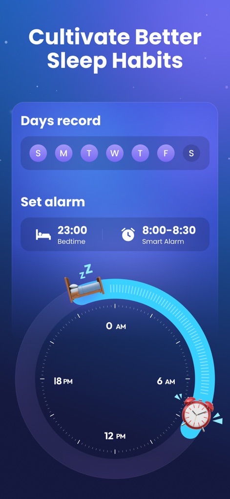 Sleep Tracker: Recorder, Sound - 이 도구는 취침 및 기상 시간 설정을 통해 사용자의 수면 습관을 개선하도록 돕고, 원형 수면 주기 그래프를 제공하여 패턴을 시각적으로 보여줍니다.