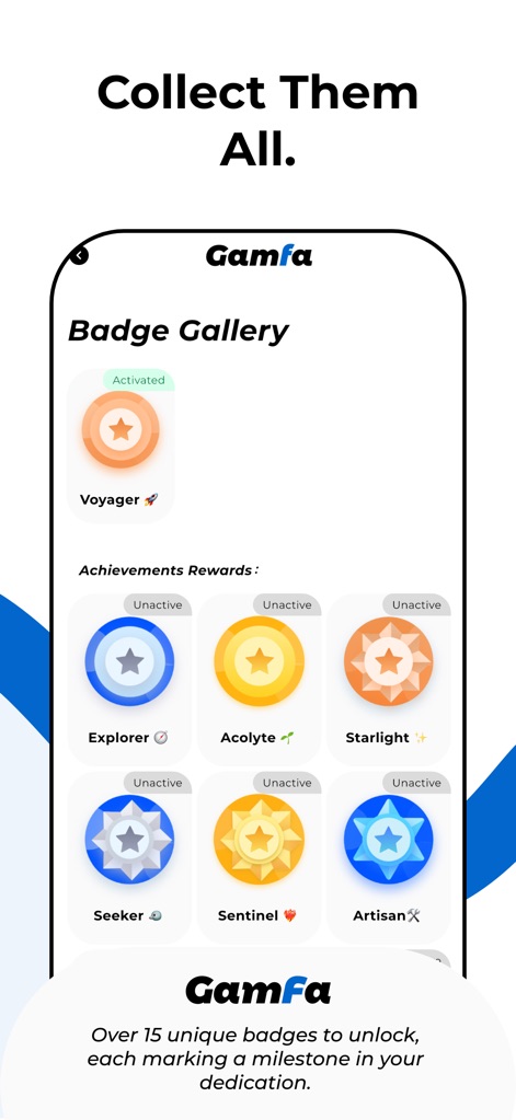 GamFa: Notes, Games & Perks - Users can explore their "Badge Gallery", featuring an "Activated" Voyager badge and a variety of "Unactive" badges representing progression milestones.