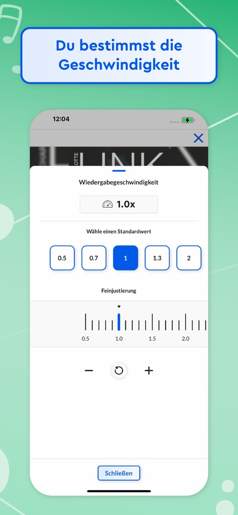 Onleihe 3 - Los usuarios tienen control total sobre la velocidad de reproducción de los audiolibros, con opciones preestablecidas como 0.5x y 2x, además de una "Feinjustierung" que permite ajustes precisos para una experiencia auditiva personalizada.