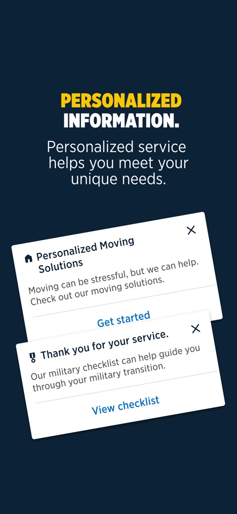 USAA Mobile - The app delivers a tailored user experience, presenting personalized service suggestions and a dedicated military transition support checklist.