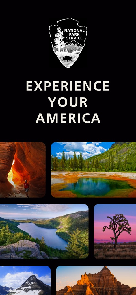 National Park Service - La marca de la aplicación invita a descubrir el patrimonio natural de Estados Unidos, evocando la diversidad de los parques nacionales con imágenes icónicas y el logotipo del Servicio de Parques Nacionales.