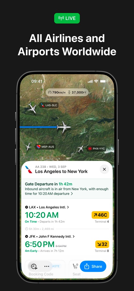 Flighty – Live Flight Tracker - Die App ermöglicht eine weltweite „Live-Verfolgung“ von Flügen, mit einer Kartenansicht, die „aktuelle Flugrouten und Flugzeugpositionen“ darstellt, sowie detaillierten Abflug- und Ankunftsinformationen.