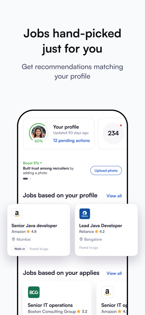 Naukri: Job Search and News - This tool provides highly relevant job recommendations, such as 'Senior Java developer' roles, while also displaying a user's 'Your profile' completion and pending actions for enhanced engagement.