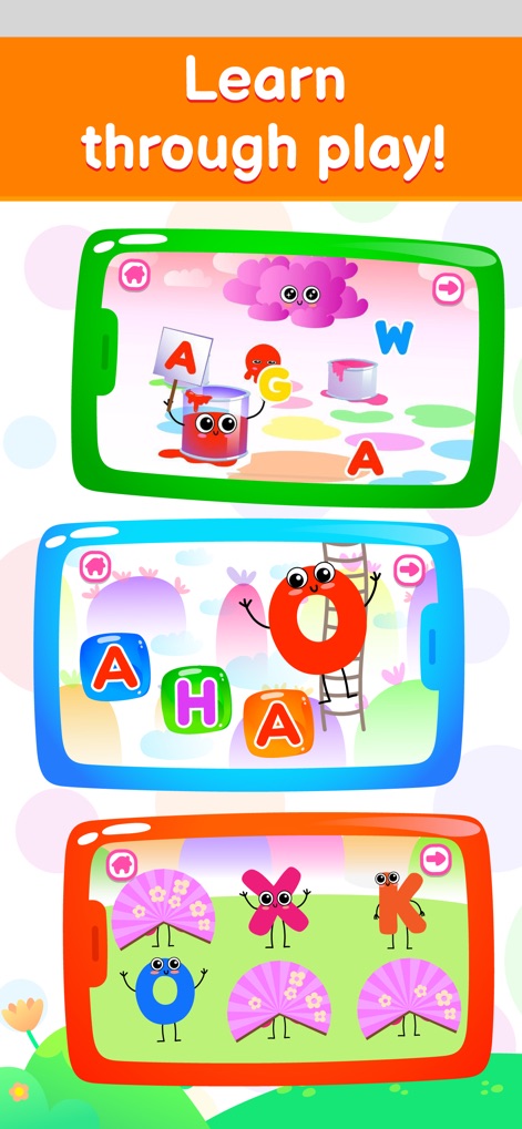 Kids ABC Phonics Tracing Games - View a variety of interactive game scenarios displayed on multiple phone screens, including letter painting and letter matching activities, making learning enjoyable.