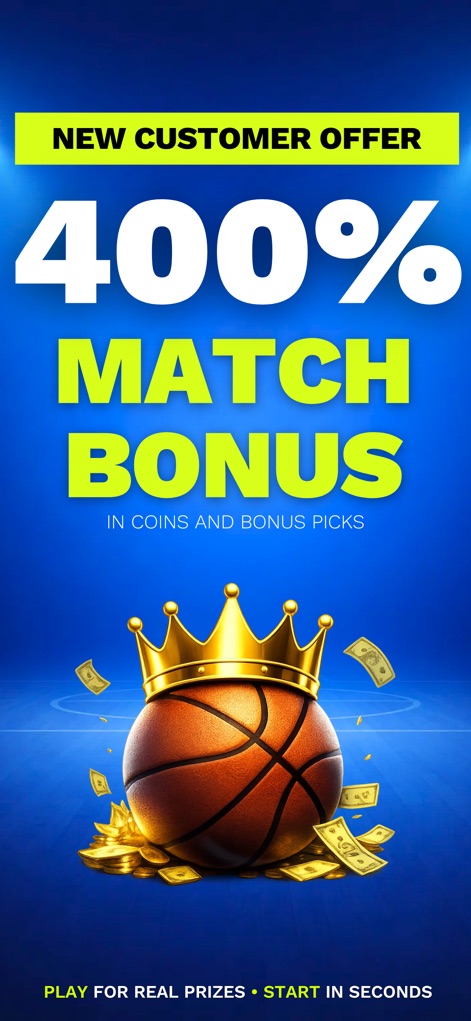 Thrillzz Fun Social Sportsbook - Nutzer erhalten einen beeindruckenden 400% Match Bonus, der durch die visuelle Darstellung eines Basketballs mit Krone und Münzen symbolisiert wird, um den Start in die risikofreie Sportvorhersage zu versüßen.