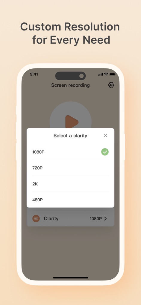 Screen Recorder:Record it now! - This tool allows users to select their preferred recording clarity from various options, including crystal-clear '1080P' and high-definition '2K'.