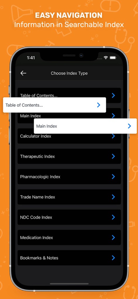 Nurse’s Drug Handbook - Die App bietet eine einfache Navigation durch suchbare Indizes, die Nutzern eine schnelle Orientierung ermöglichen, wie die Liste der „Choose Index Type“-Optionen und der hervorgehobene „Main Index“ belegen.
