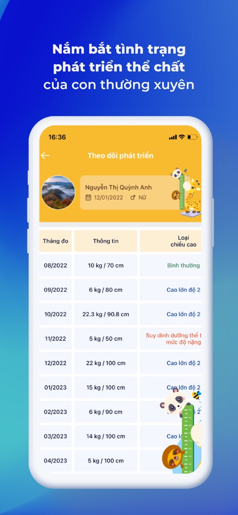 vnEdu Connect - This tool provides detailed child development tracking, presenting monthly measurements for weight and height, alongside health status indicators like 'Loại chiều cao' (Height category).