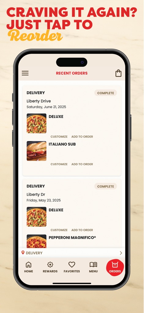 Marco’s Pizza - The app retains a comprehensive history of past orders, offering convenient one-tap reordering of previous meals and individual items.