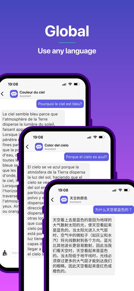Poe – Fast AI Chat - This tool supports global communication, allowing users to interact in 'any language', illustrated by identical queries and responses presented in French, Spanish, and Japanese.