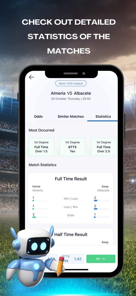 TipsPro AI: Match Prediction - L'application propose des statistiques complètes pour chaque match, incluant les bilans "Win / Loss" des équipes et les résultats spécifiques à la "Half Time Result" pour une analyse approfondie.