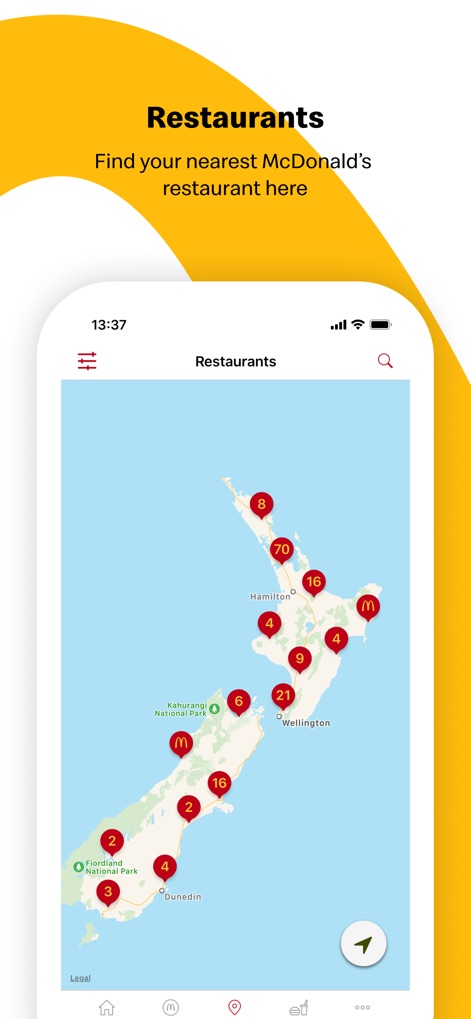 McDonald’s - The interactive map effectively displays nearby restaurant locations with numbered clusters, alongside options to filter search results.