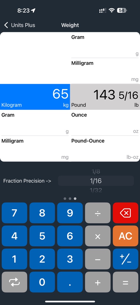 Unit Converter - Best Unit App - Attain detailed weight and mass conversions, clearly displaying both kilogram and pound values, and offering advanced 'Fraction Precision' options.