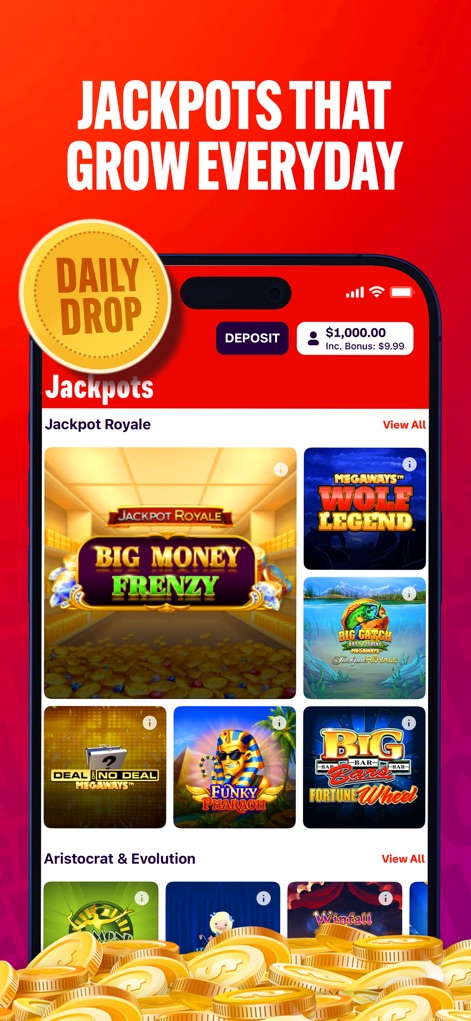 Bally Bet Sportsbook & Casino - Discover the excitement of continuously growing jackpots, highlighted by the prominent 'Daily Drop' feature and a selection of thrilling 'Jackpot Royale slots'.