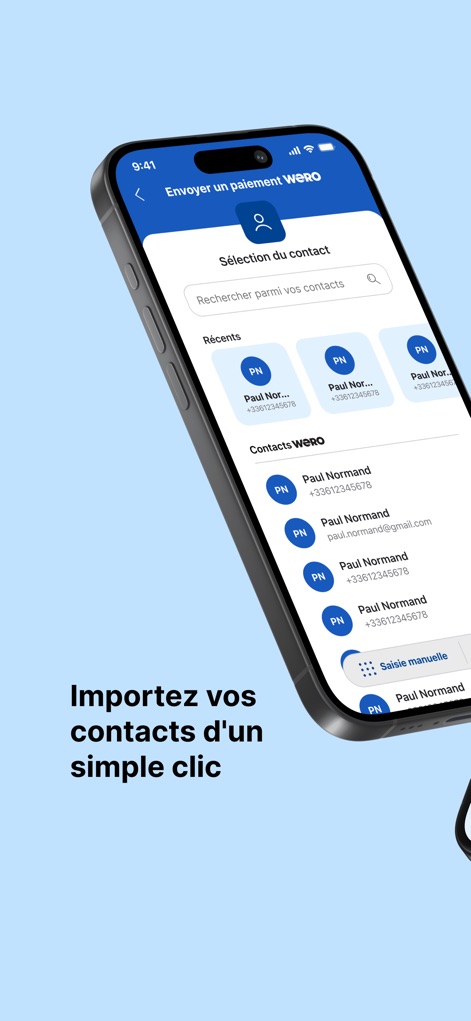 Crédit Mutuel Pay virements - Examine the contact selection screen, showcasing both recently used contacts and the ability to import contacts seamlessly.