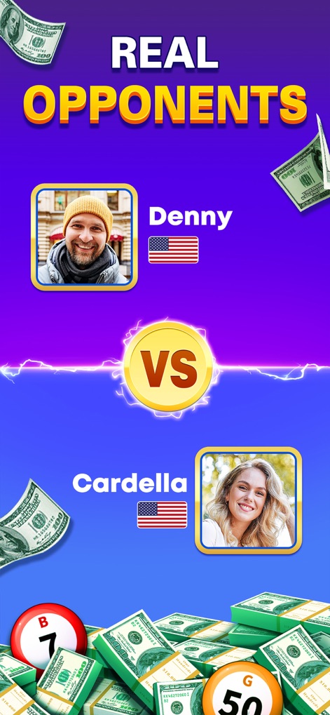 Bingo Cash: Win Real Money - L'application met en scène des matchs 1 contre 1 contre de vrais joueurs, comme illustré par les profils de 'Denny' et 'Cardella' et le symbole 'VS' central.