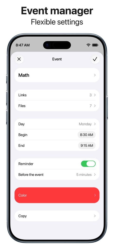 Smart Timetable: Study Planner - Gerencie eventos com campos personalizáveis para adicionar links e arquivos associados, além de definir facilmente o horário de início e término.