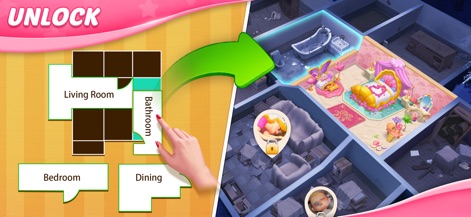 Matchington Mansion - The app displays the user's progress through a clear floor plan interface and the detailed isometric views of unlockable and renovated spaces.