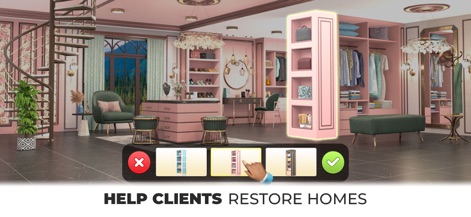 My Home Makeover: Dream Design - Los jugadores pueden personalizar detalladamente los interiores, como se muestra con un elegante vestidor rosa y la selección de un nuevo mueble de almacenamiento.