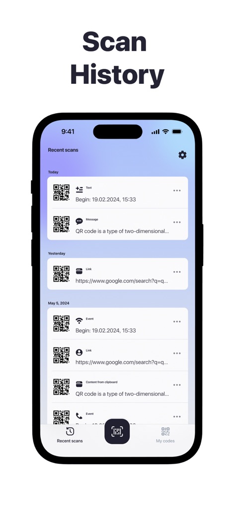 QR Code Reader＋Barcode Scanner - 사용자는 이 화면에서 스캔한 기록을 날짜별로 정리된 목록과 함께 확인할 수 있으며, 하단의 '최근 스캔' 탭을 통해 손쉽게 탐색할 수 있습니다.