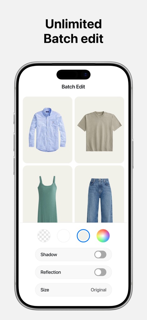Pixelcut AI Photo Editor - This screenshot highlights the app's powerful batch editor, enabling users to apply uniform background colors and toggle shadows across multiple product images simultaneously.