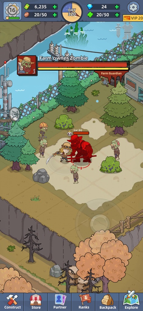 Mini Survival: Zombie Fight - Hier wird ein Kampf gegen einen einzigartigen Zombie-Typen, den 'Farm owner Zombie', inmitten einer ländlichen, bewaldeten Umgebung dargestellt, um wertvolle Ressourcen zu sichern.