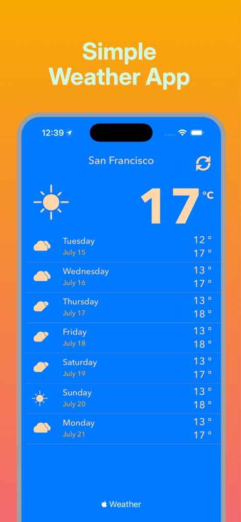 Thunderstorm-Local Weather - Cet écran affiche la température actuelle de 17°C et une liste claire des prévisions quotidiennes, chacune avec son icône de condition.
