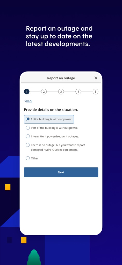 Hydro-Québec - Cet outil simplifie le processus de déclaration d'une panne, guidant les utilisateurs à travers un formulaire en plusieurs étapes avec des options de description précises de la situation.