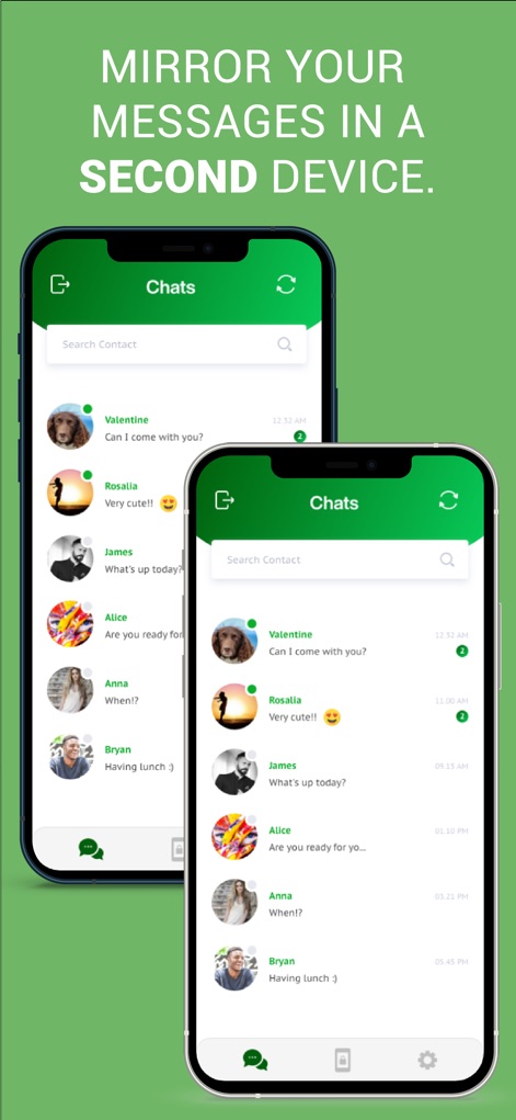 Dual Messenger for Web App Duo - Users can mirror their messages across multiple devices, as illustrated by the synchronized "Chats" lists on both screens, ensuring continuity and accessibility.