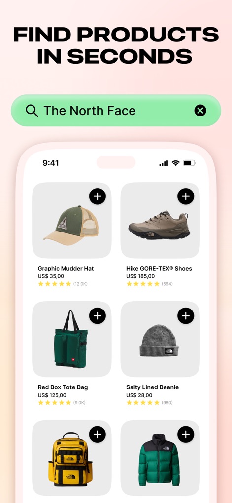 Listful - Wishlist & Shopping - This tool enables swift product discovery, allowing users to quickly find items from specific brands like 'The North Face' and add them with a simple '+' icon.