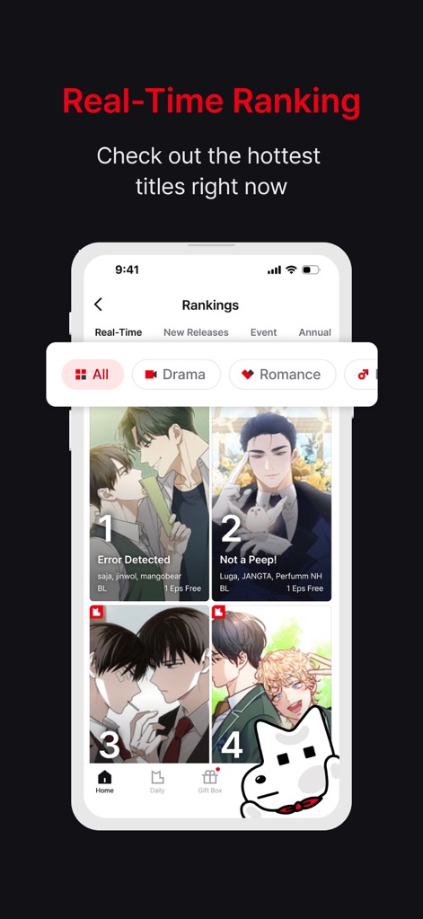Lezhin Comics-Premium Webtoons - Diese Ansicht präsentiert die Echtzeit-Rangliste der beliebtesten Webtoons, ergänzt durch flexible Filteroptionen wie "Drama" oder "Romance" zur gezielten Suche.