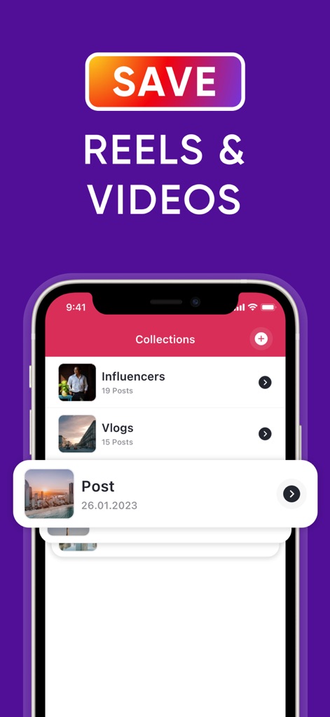 InMark: IG Reels Stories Posts - Users can easily manage content with the "Collections" screen, featuring custom folders like "Influencers" and displaying the number of posts within each.