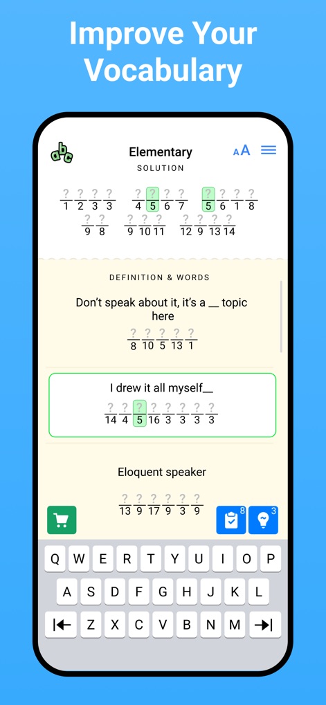 Figgerits - Word Puzzle Games - This interface highlights how the app helps users expand their lexicon by focusing on `word definitions` and gradually filling in `partially revealed solutions`.