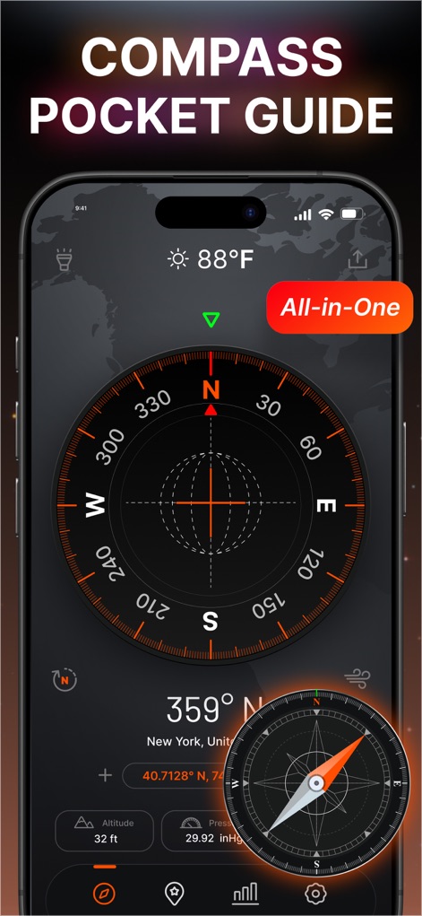 Compass & Coordinates Locator - A tela principal exibe uma bússola digital intuitiva com o norte claramente indicado, enquanto o distintivo "All-in-One" realça a versatilidade da ferramenta.