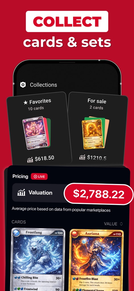 MonPrice Collector & Scanner - Dieses Tool ermöglicht die Organisation von Sammlungen in Kategorien wie "Favorites" und "For sale", während es gleichzeitig den Gesamtwert von "$2,788.22" und individuelle Kartenwerte anzeigt.