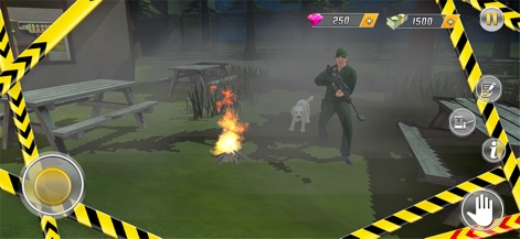 Police Simulator Border Patrol - La aplicación muestra momentos de calma en el servicio, con un oficial acompañado por un perro labrador y una fogata humeante en un campamento improvisado.