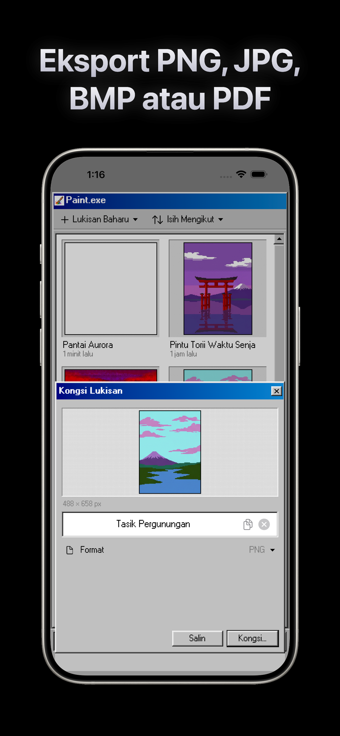 Eksport sebagai PNG, JPG, BMP atau PDF