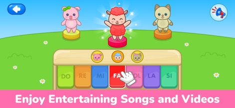 Kids Learning Games: Toddlers - Los niños pueden explorar la música con 'personajes de cerdito, cordero y gato sobre pedestales' y un 'colorido teclado de piano siendo tocado por una mano', disfrutando de 'Canciones y Videos Entretenidos'.
