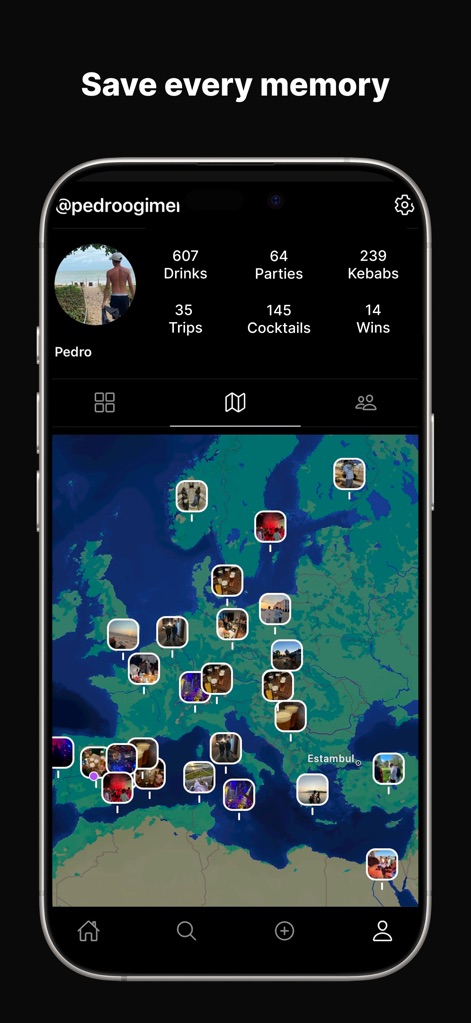 CountIt: Party Countdown - このツールは、ユーザーが自分の統計情報（例：「Drinks」や「Parties」）を確認できるプロファイルページを提供し、過去の経験を視覚的に表示する地図上の写真ピンで思い出を保存します。
