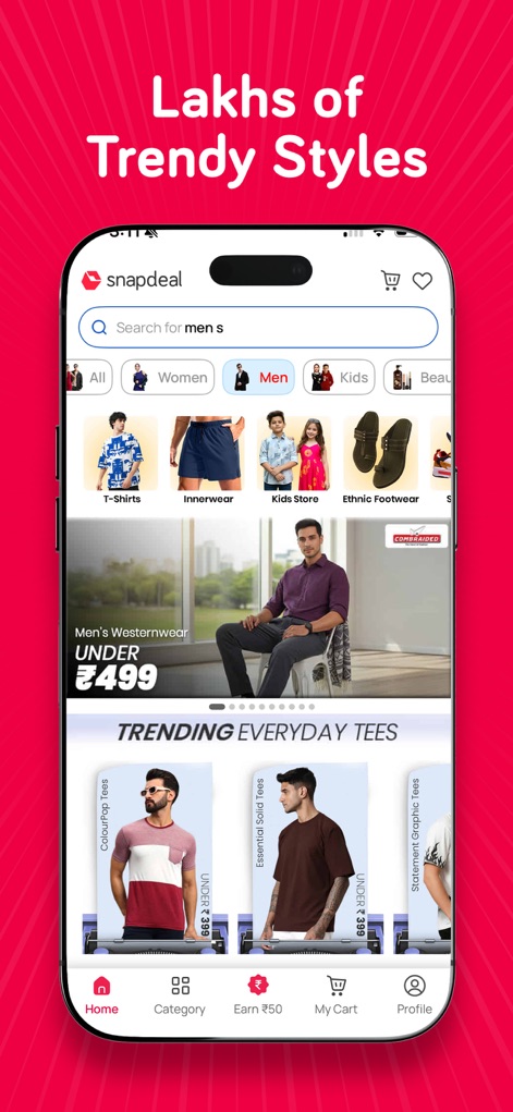 Snapdeal Trendy Budget Fashion - L'application simplifie la recherche de mode masculine grâce à sa barre de recherche intuitive préremplie et ses carrousels thématiques comme "Trending Everyday Tees", offrant un aperçu rapide des dernières tendances.