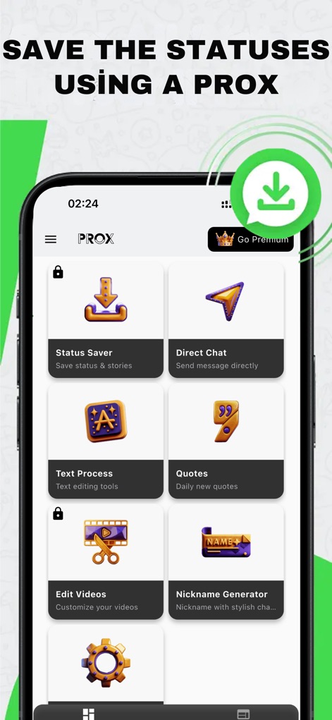 ProX : View once Photo Saver - 이 앱의 직관적인 대시보드에서는 '상태 저장' 기능과 '프리미엄 전환' 버튼을 통해 다양한 도구에 손쉽게 접근할 수 있습니다.