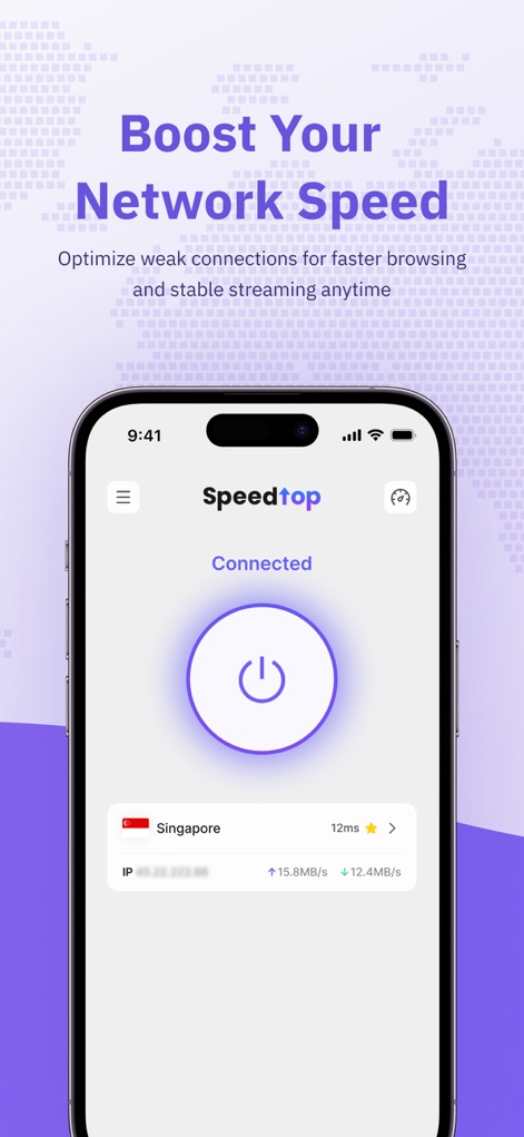 SpeedTop VPN: Fast & Secure - Observe how the app ensures an optimized network boost, presenting a clear "Connected" status and real-time upload and download speeds for an enhanced browsing experience.